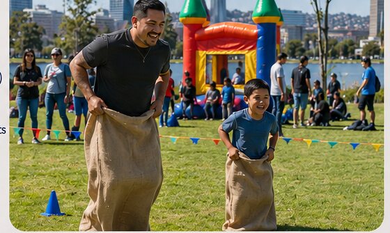 Father and son in a sack race with a bounce house behind them